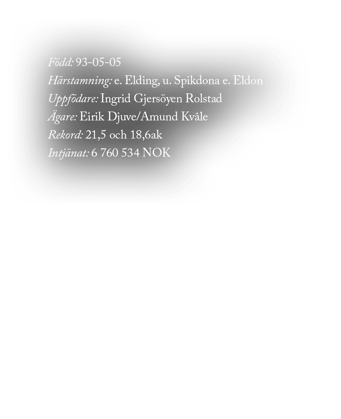 F dd: 93 05 05 H rstamning: e. Elding, u. Spikdona e. Eldon Uppf dare: Ingrid Gjers yen Rolstad gare: Eirik Djuve/Am...
