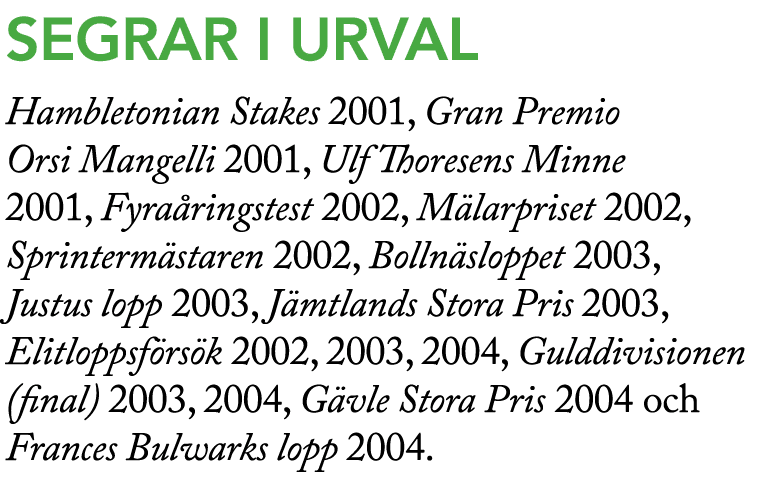 segrar i URVAL Hambletonian Stakes 2001, Gran Premio Orsi Mangelli 2001, Ulf Thoresens Minne 2001, Fyra ringstest 200...