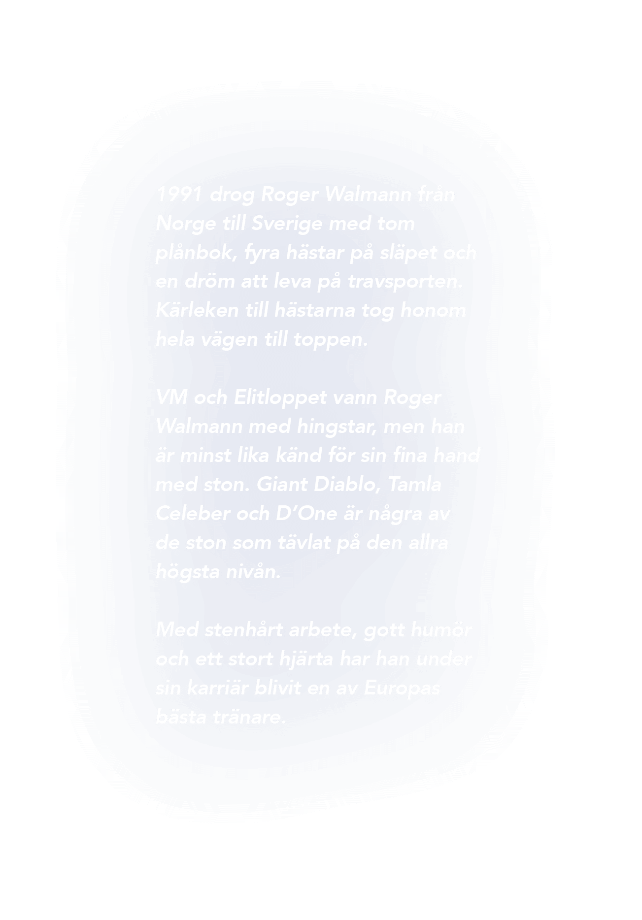 1991 drog Roger Walmann fr n Norge till Sverige med tom pl nbok, fyra h star p sl pet och en dr m att leva p  travsp...