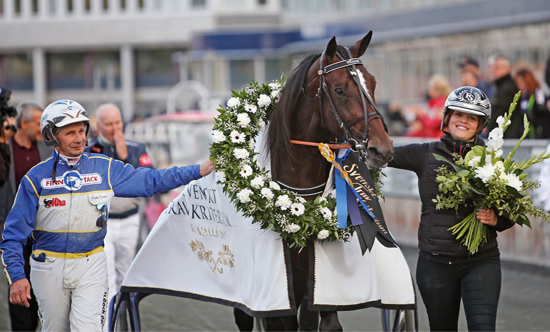 Foto: Matilda hrman/Travronden Solvalla 20171001  Villiam med Jorma Kontio vinner Svenskt Trav-Kriterium, tr nare Timo Nurmos och sk tare Fredrica Sandberg